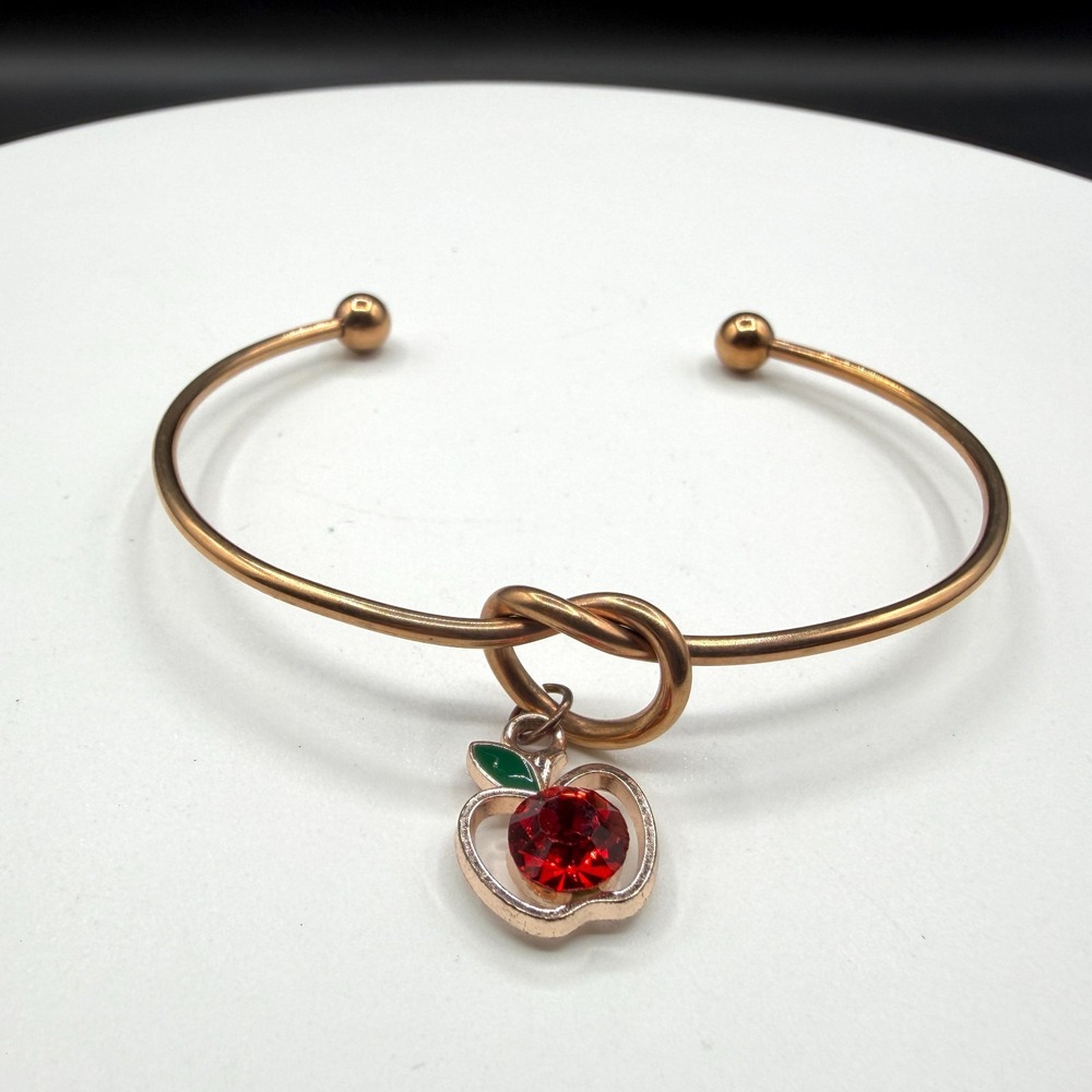 Rose Gold Tone Apple Charm Open Cuff Bracelet Red Crystal Minimalist Bangle Gift